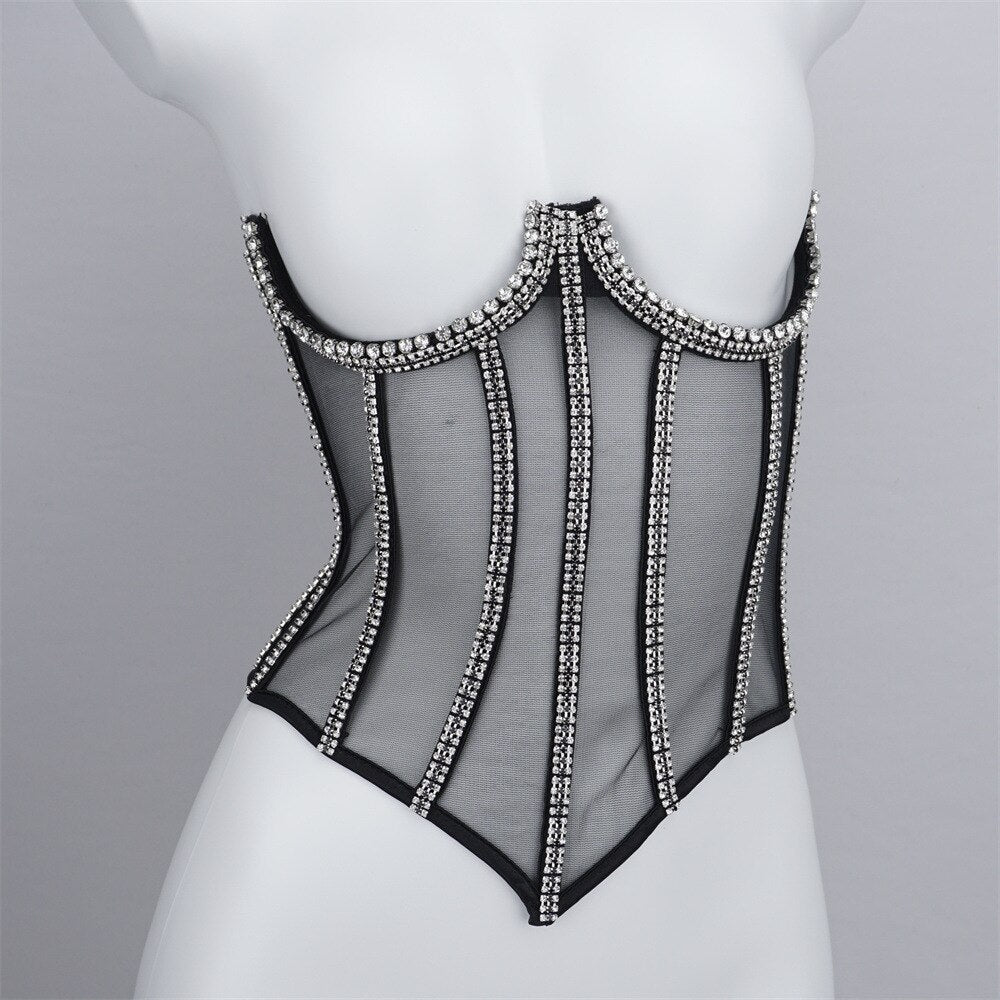 Sexy Slim Backless Corset Luxury Rhinestone Crystal Diamond Women's Vest Transparent Lace Push Up Girdle Black