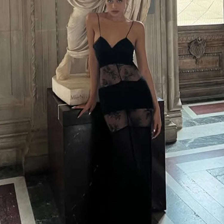 Lace See Through Sling Maxi Dress Women Sexy Slim Black Backless Sleeveless Long Dresses Female Summer Chic Party Evening Robes