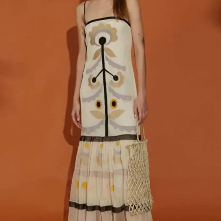 Elegant Print Mesh Ruffles Long Dress For Women Chic Spaghetti Strap Sleeveless Backless Vestidos Lady Holiday Party Robe Khaki