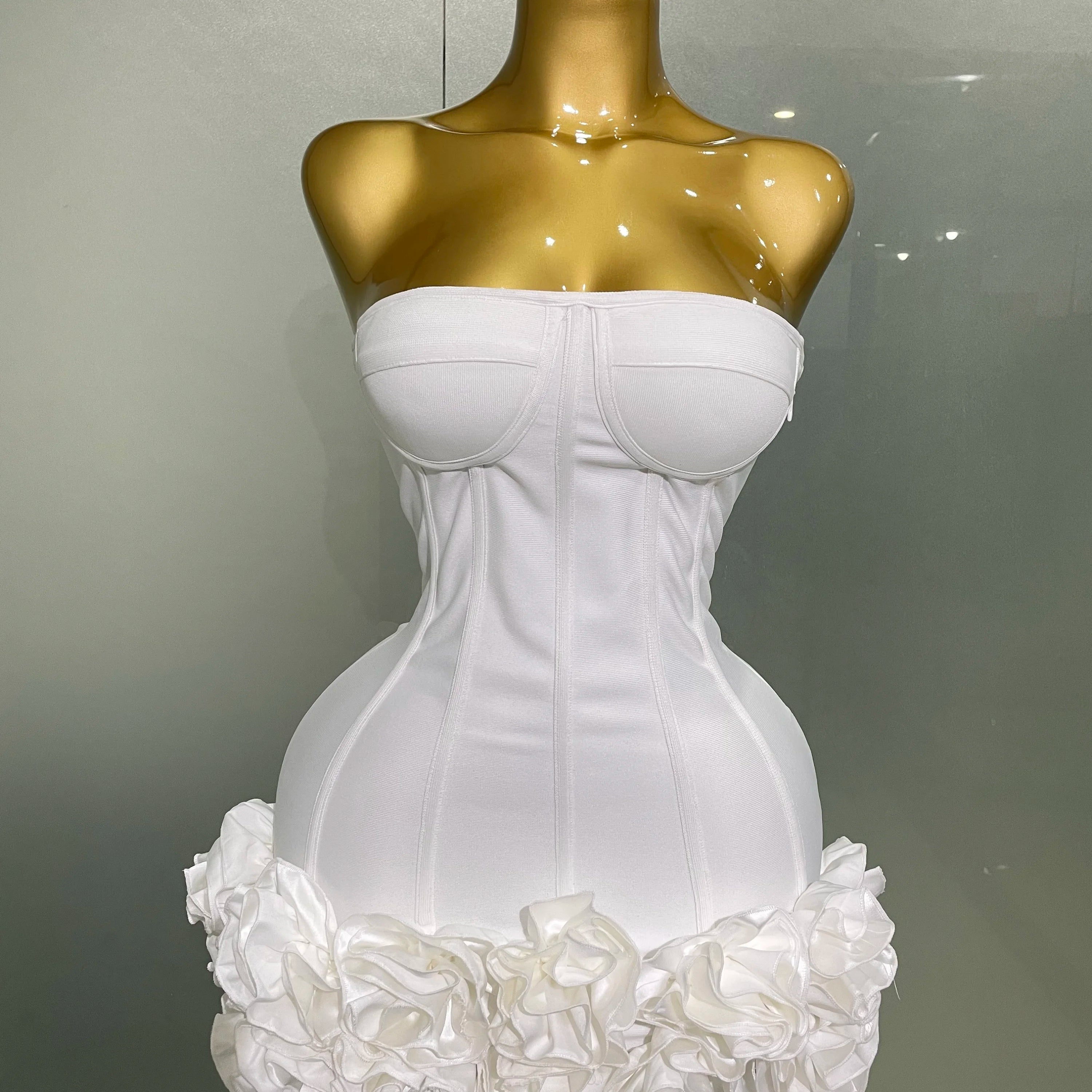 Women Evening Bandage Dress Strapless Bodycon Flowers Mini Celebrity Sexy Birthday Party Dresses Photo Shoot Nightclub Outfit WHITE