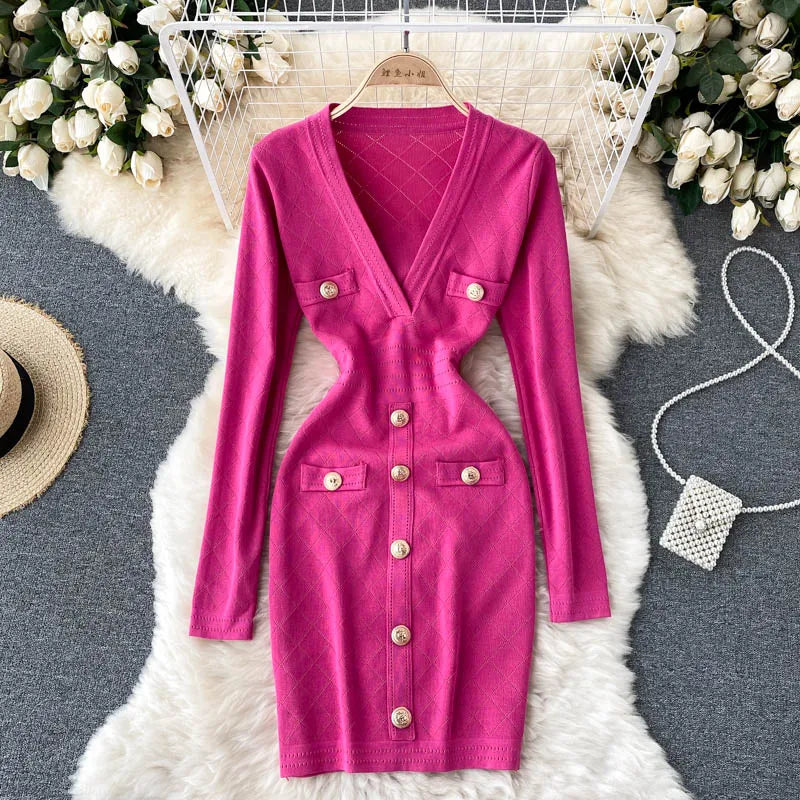Women Knitted Pencil Dress Korean Long Sleeve V Neck Elastic Slim Dress Autumn Winter Sexy Bodycon Warm Sweater Dress rose red One Size