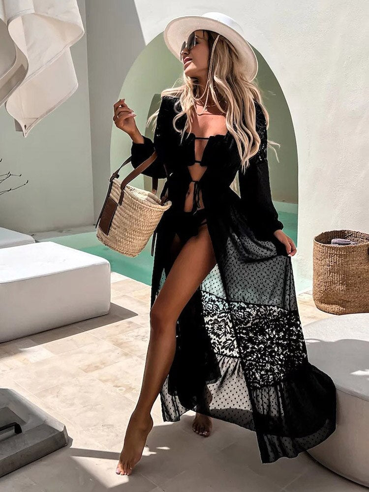 Sexy Lace Swimwear Cover-ups Pareo Beach Dress Kimono Tunic Long Sleeve Cape Beachwear