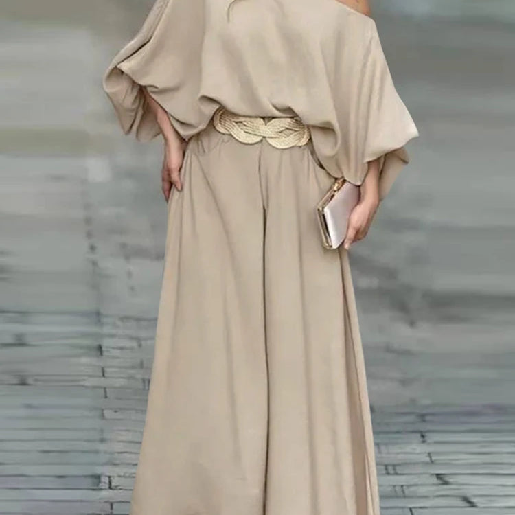 Plus Size VONDA Women Outfits Casual Slanted Collar Tops Elastic Waist Wide Leg Pant Sets 2024 Elegant Solid Pants Suits 2PCS Khaki