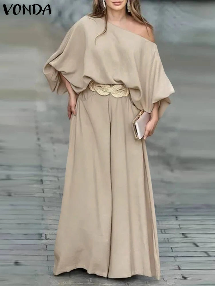 Plus Size VONDA Women Outfits Casual Slanted Collar Tops Elastic Waist Wide Leg Pant Sets 2024 Elegant Solid Pants Suits 2PCS Khaki