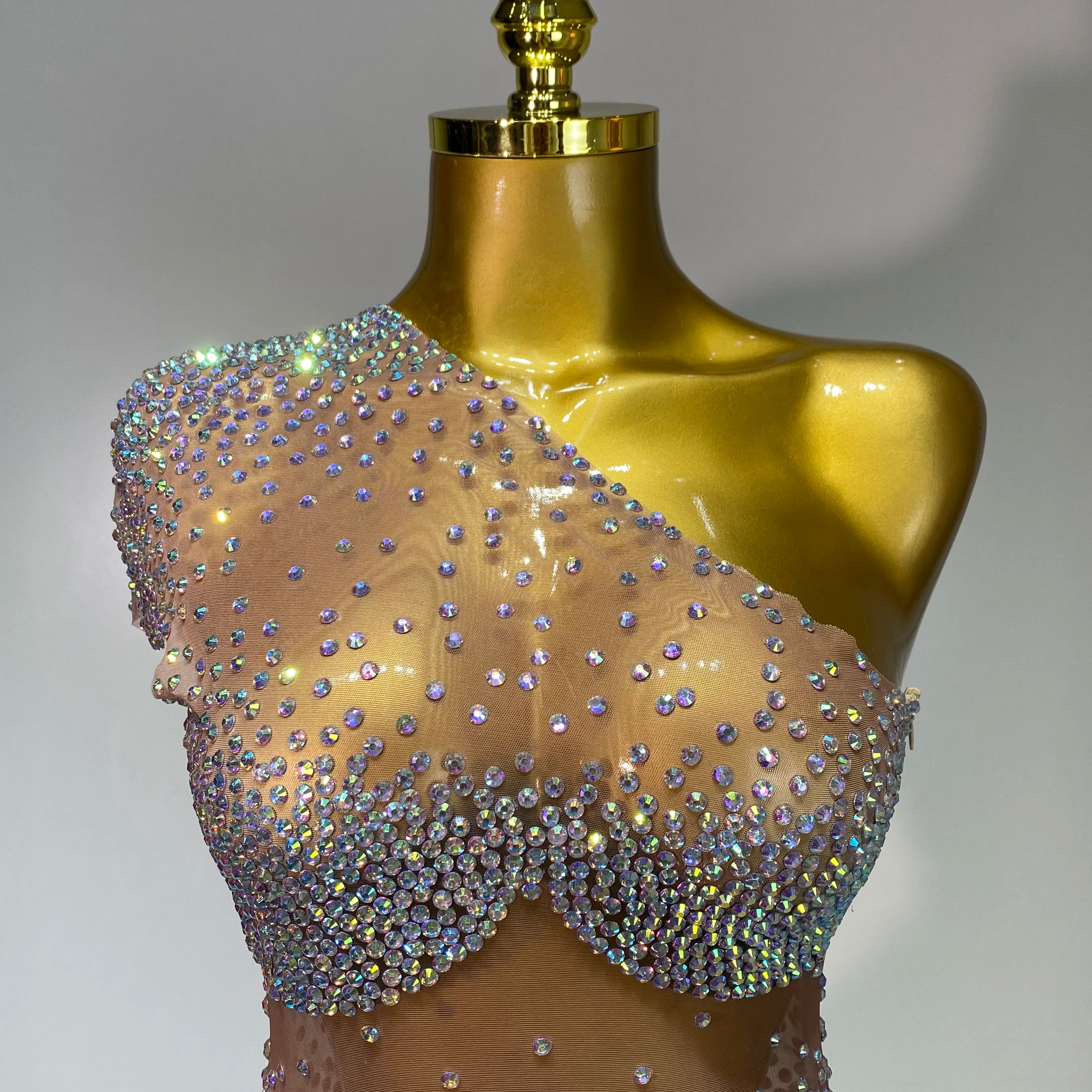 Sparkly Rhinestones Women Sexy One Shoulder Bodycon Mini Dress Mesh See Through Celebrate Nightclub Party Birthday Stage Outfit