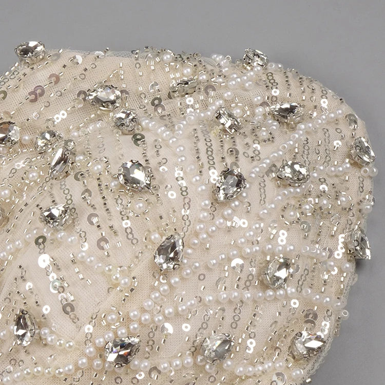 Nude Strapless Crystals Embellished Long Dress Sheath Low V Neck Sleeveless Feather High Side Slit Floor Length Evening Gown