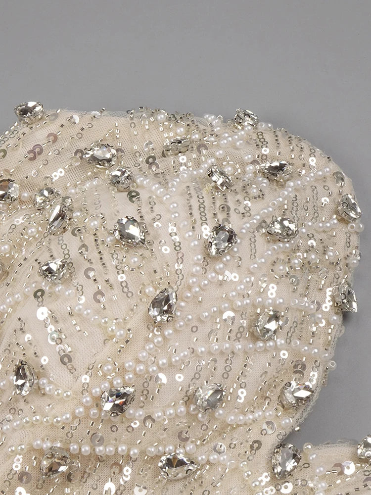 Nude Strapless Crystals Embellished Long Dress Sheath Low V Neck Sleeveless Feather High Side Slit Floor Length Evening Gown