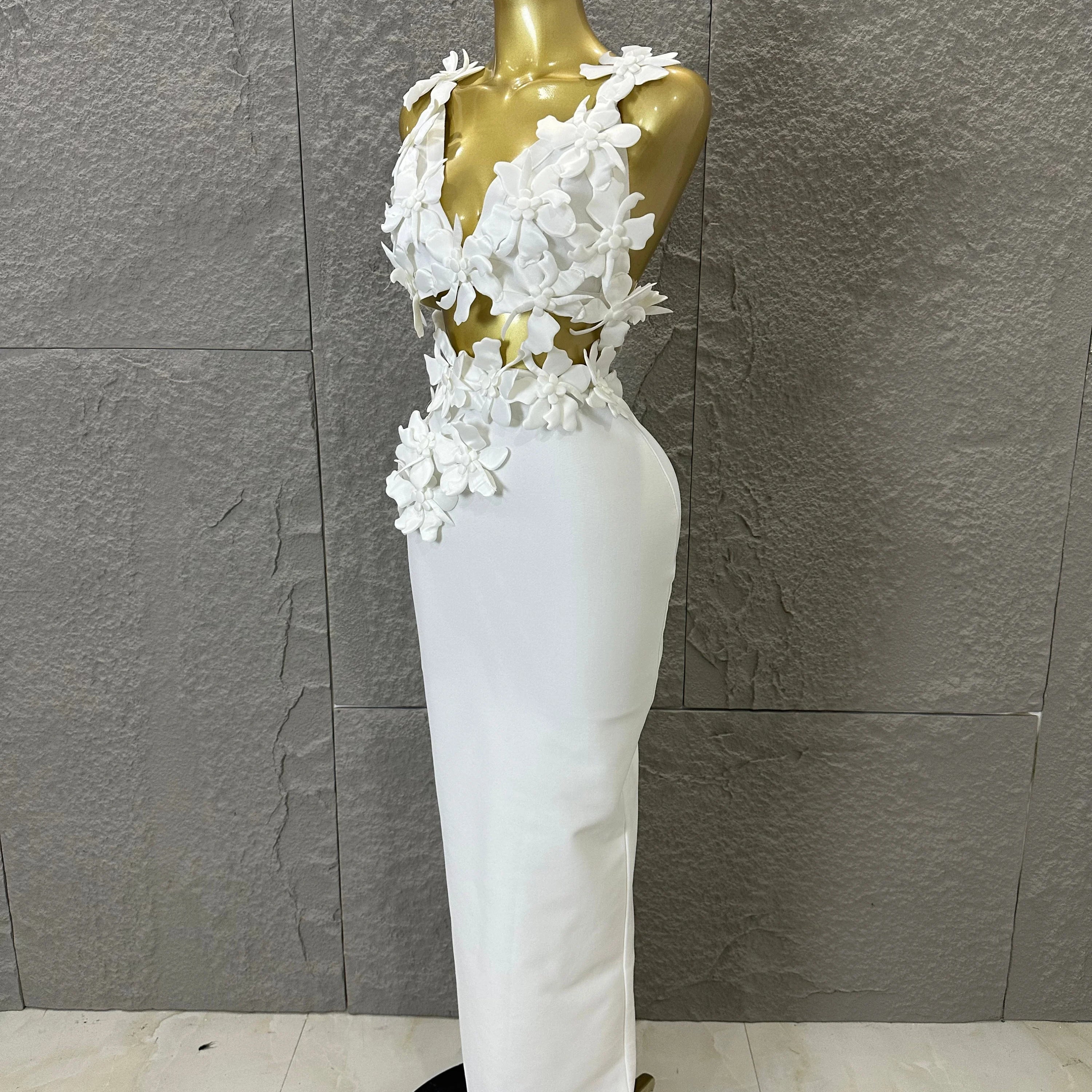 2026 Glamorous White 3D Floral Maxi Dress Women Sexy V-Neck Sheer Cutout Waist Bodycon Outfit Evening Gala Party Costume