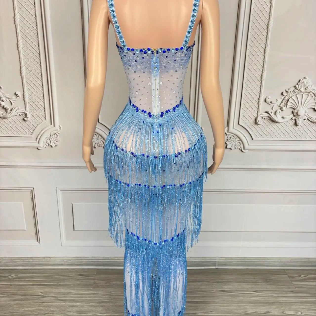 Sparkly Rhinestones Tassel Slip Long Dress Sexy Women Celebrate Prom Sheer Mesh Evening Dress Birthday Photo Shoot Wear lantian