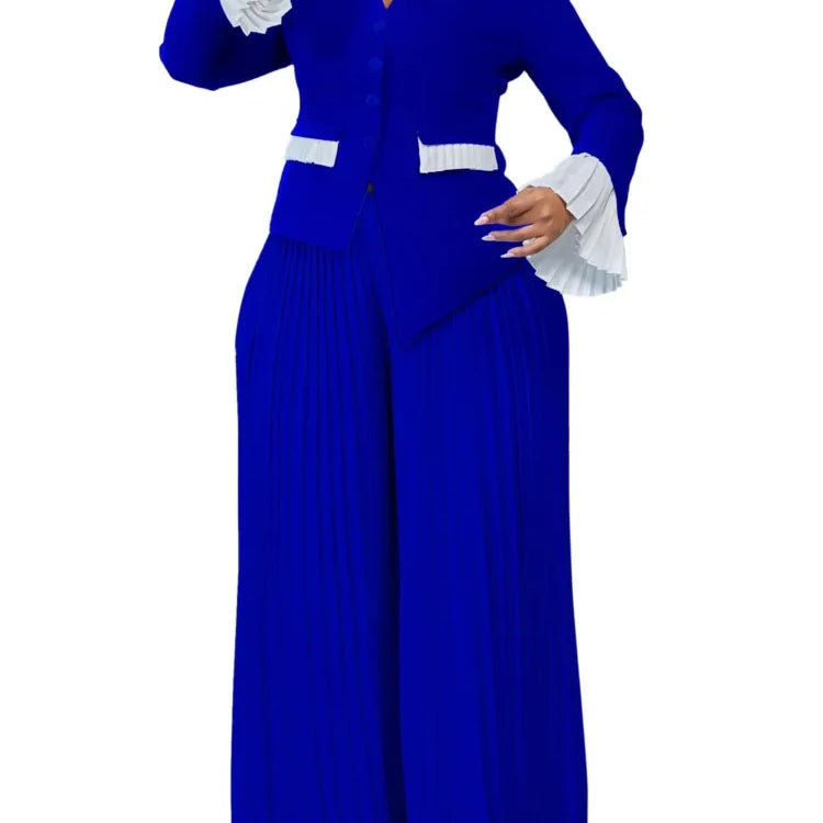 Plus Size Spring Autumn 2 Two Piece Set Women Slim Fashion Irregular Ladies Blouses Pleated Loose Wide Leg Woman Long Pant