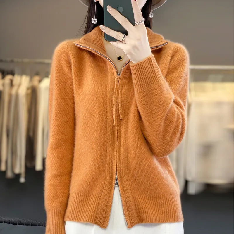 Damen-Strickpullover aus 100 % Merinowolle, Herbst/Winter, lässig, locker, modisch, koreanischer Kaschmir, große Jacke mit Reißverschluss 