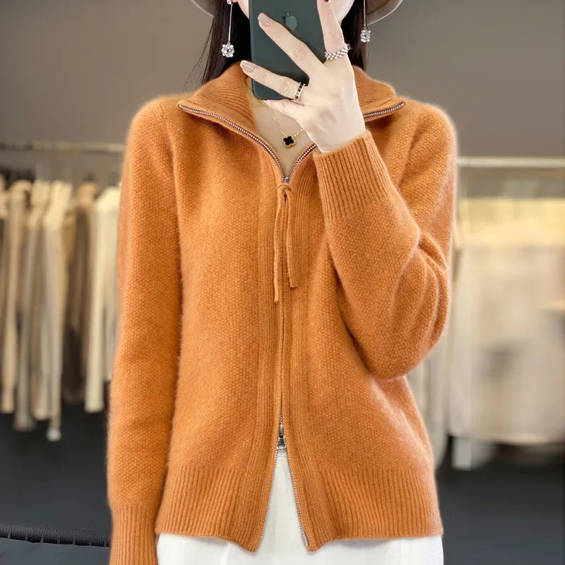 Women's Wool Knitting Sweater Clothing Autumn/Winter Casual Loose Top Fashion Korean Cashmere Large Zipper Jacket