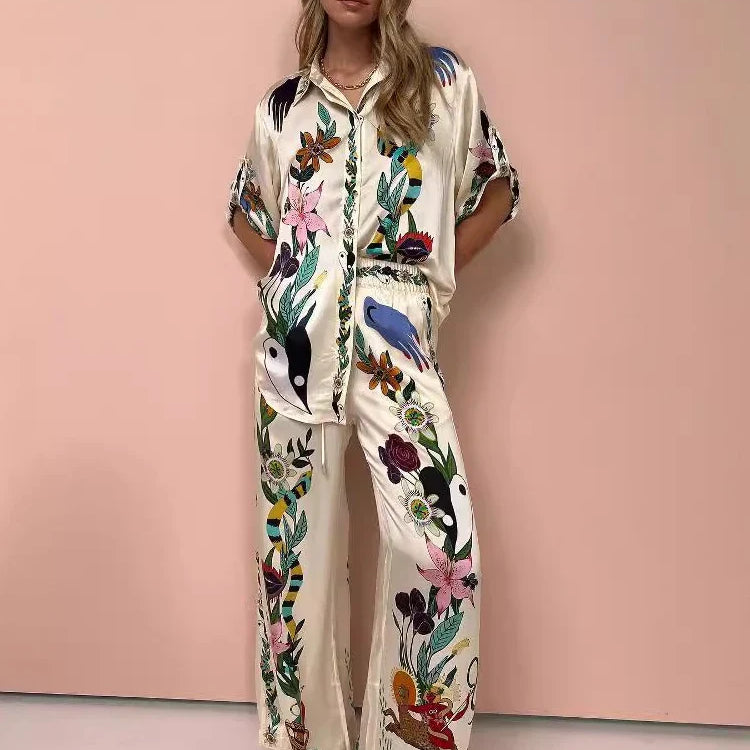 2 Piece Sets Women Outfit Summer New Bohemian Style Printing Half Sleeve Shirt Suits Fashionable Casual Loose Wide Leg Pant Set Two piece set