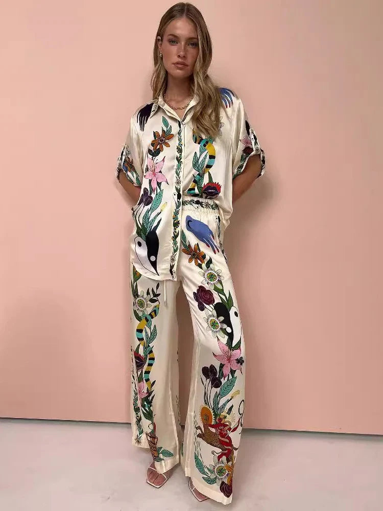 2 Piece Sets Women Outfit Summer New Bohemian Style Printing Half Sleeve Shirt Suits Fashionable Casual Loose Wide Leg Pant Set Two piece set