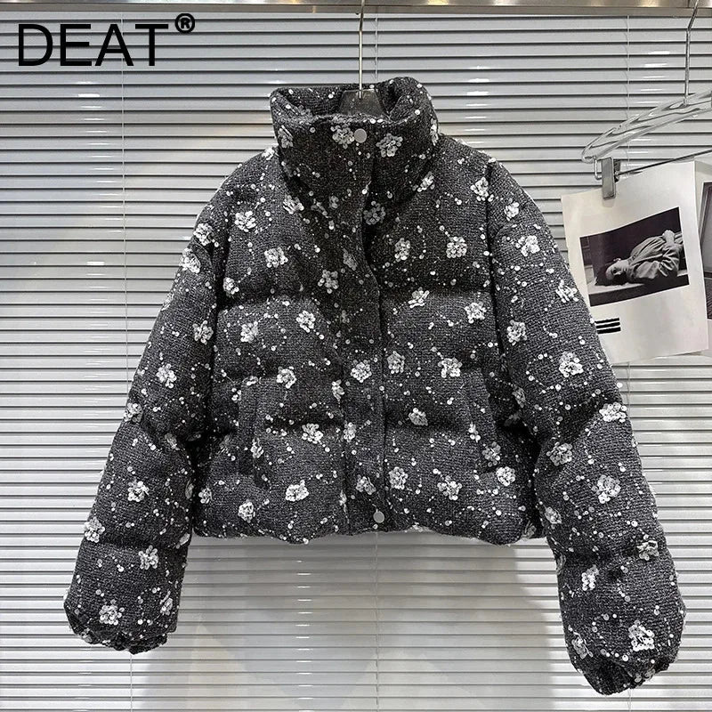 Winter New Fashion Style Sequin Flower Tweed Warm Jacket For Women Loose Cotton-padded Coat Female Trend 11A07496