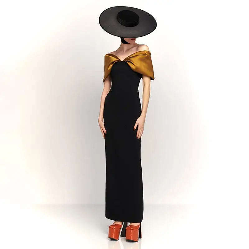 Elegant Purple Satin Patchwork Off Shoulder Midi Dresses New Lady Sleeveless Backless Slim Fit Long Vestido Evening Party Gowns Black