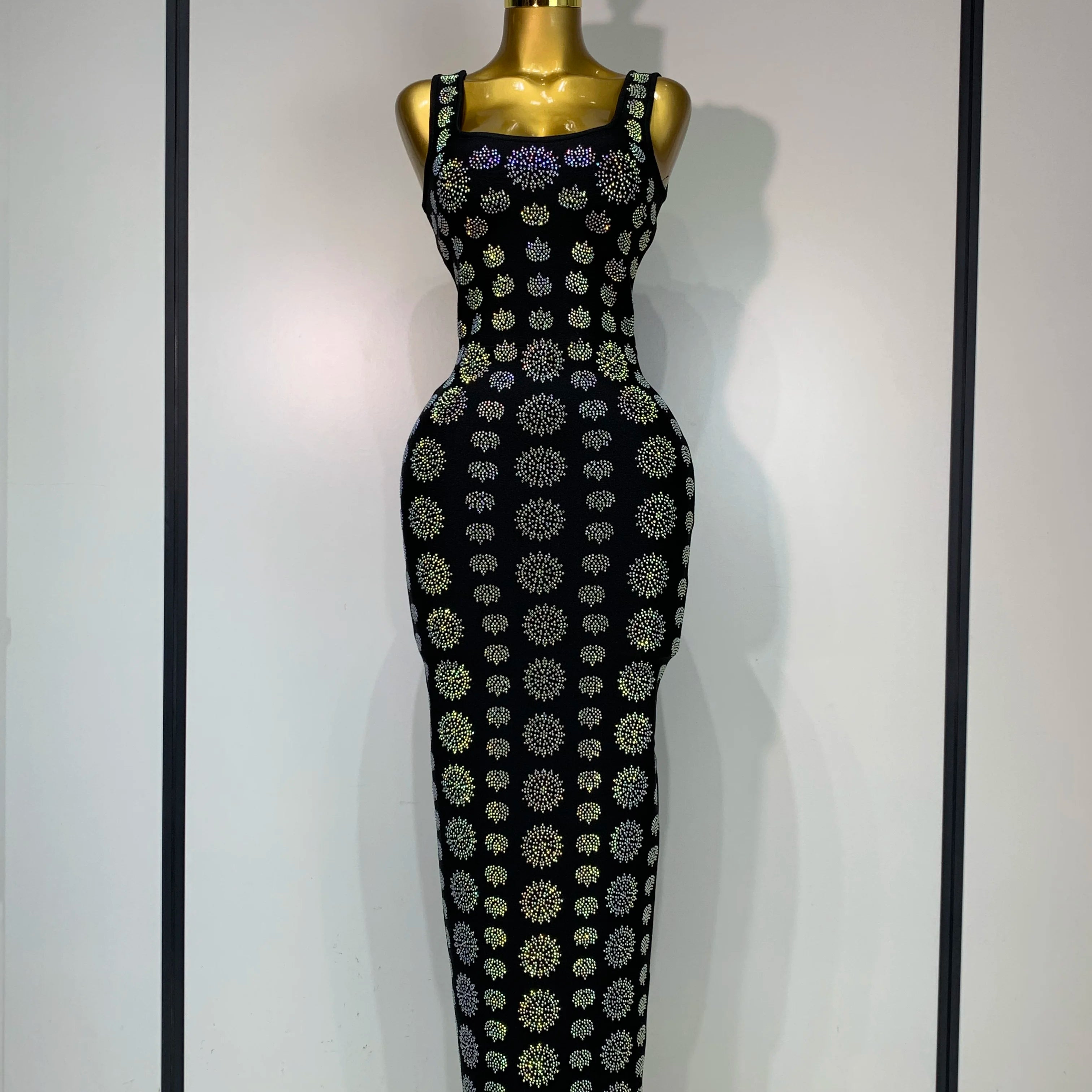 High Qulity Sparkling Diamonds Sleeveless Strech Bandage Dress Elegant Woman Evening Party Wedding Guest Luxury Birthday Dress black