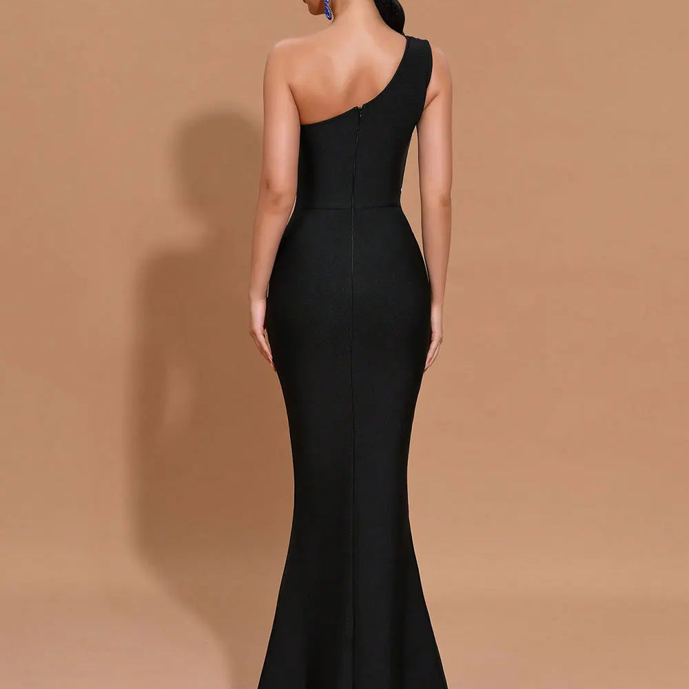 2024 Sexy Women Light Luxury Nail Bead Bandage Dress One Shoulder Slant Neck Sleeveless Bodycon Tail Dress Evening Party Vestido