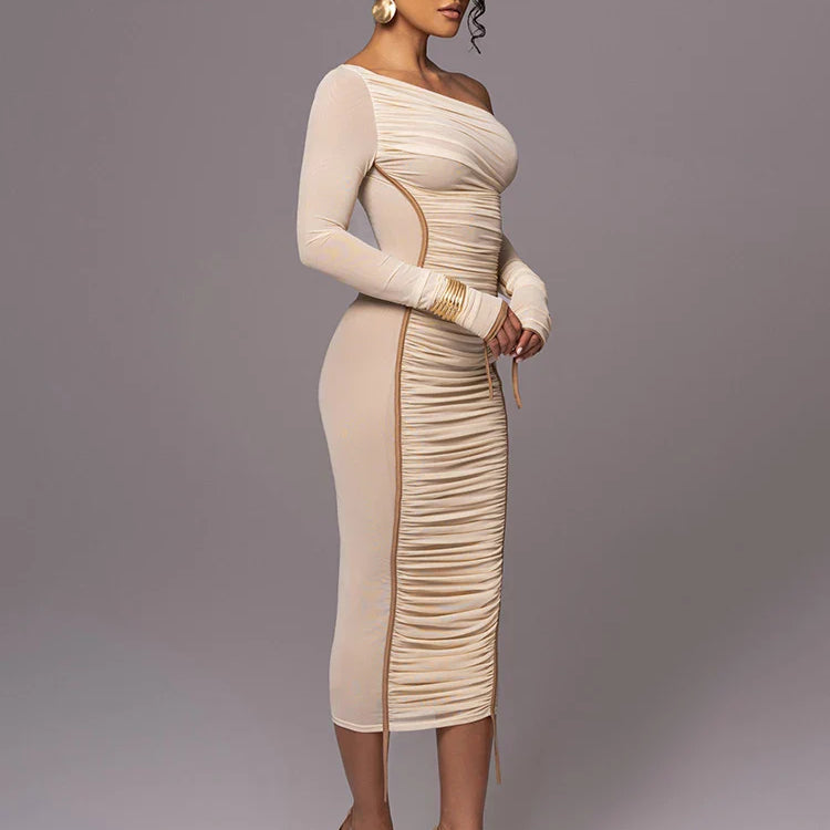 Diagonal Collar Long Sleeve Midi Dress For Women Two Layer Mesh Backless Ruched Bodycon Club Party Sexy Long Dress