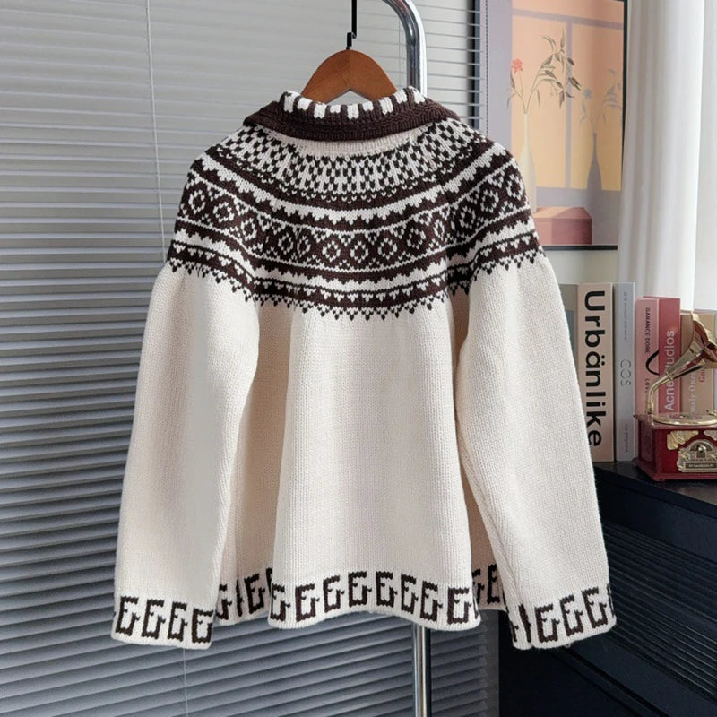 Autumn Winter New Fashion Contrast Color Jacquard Lapel Sweater Coat For Women New Loose Knitted Cardigan 11A07545