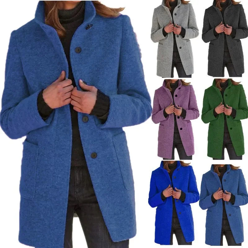 Vintage Women Overcoat Solid Button Stand Collar Woolen Coat Female Autumn Winter Fashion Long Casual Thick  Ladies Jacket