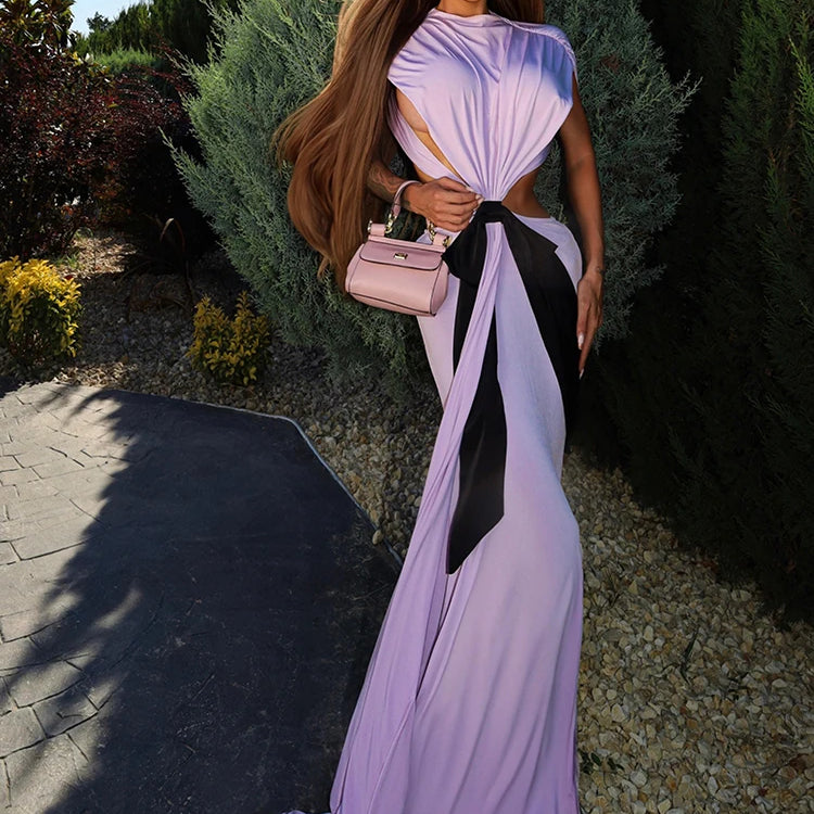 Stylish Chic White Halter Sleeveless Backless Cutout with Bow Detail Maxi Dress Evening Gown