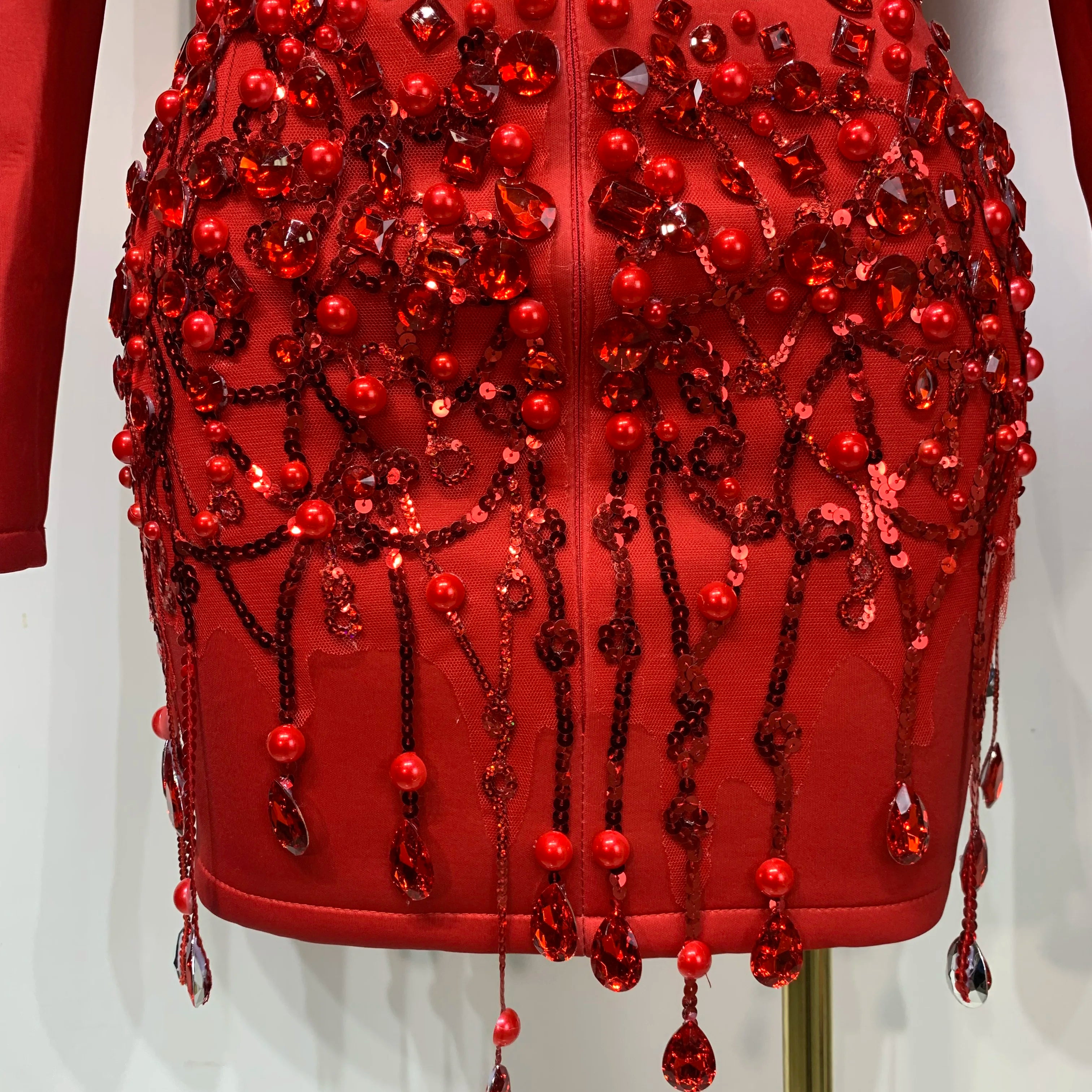 Luxury Rhinestone Deep V-Neck Slim Fit Red Suit Dress 2025 New Fashion Celebirty Elegant Evening Club Party Dresses