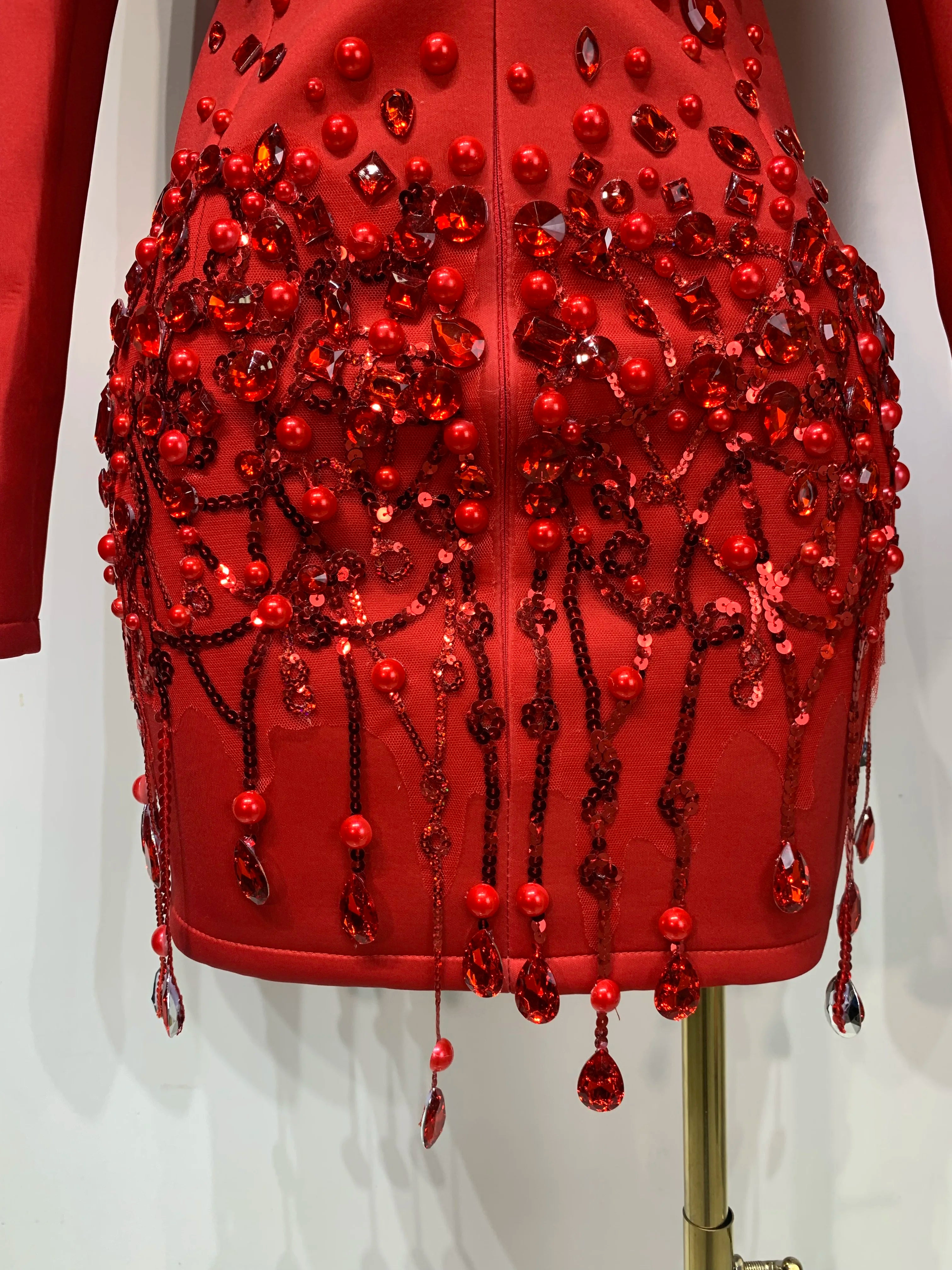 Luxury Rhinestone Deep V-Neck Slim Fit Red Suit Dress 2025 New Fashion Celebirty Elegant Evening Club Party Dresses