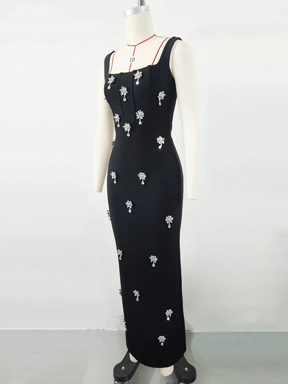 2025 Elegant Women Light Luxury Nail Bead Bandage Dress Camisole Square Neck Sleeveless Bodycon Long Dress Evening Party Vestido