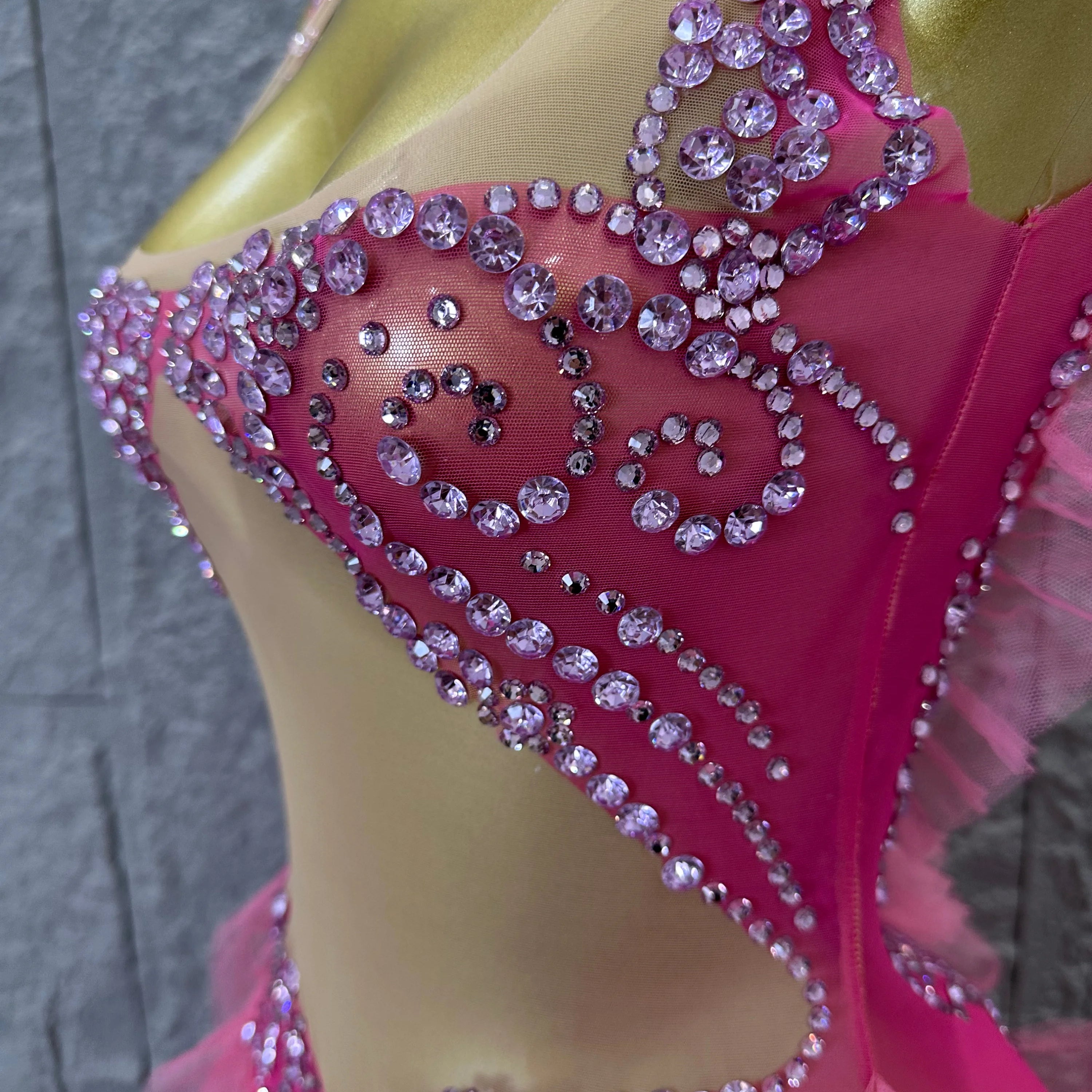 Women Sheer Mesh Rhinestone Ruffle Embellished Latin Dance Performance Costume Elegant Pink Spaghetti Strap Mini Dress