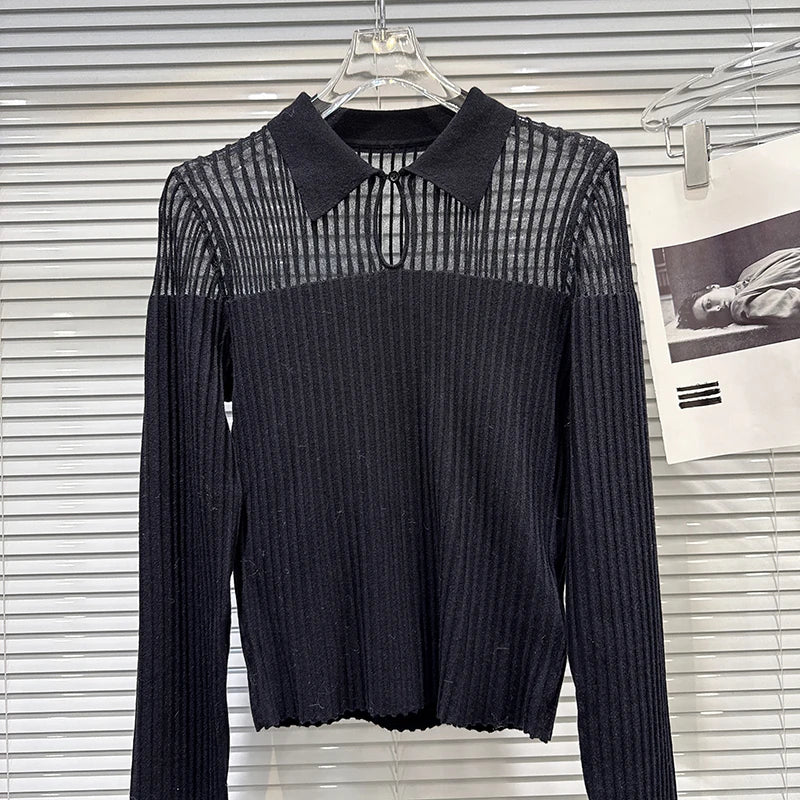 Winter New Fashion Lapel Slightly Transparent Patchwork Design Knitted Tops For Women Slim Fit Shirts Female 11A07661