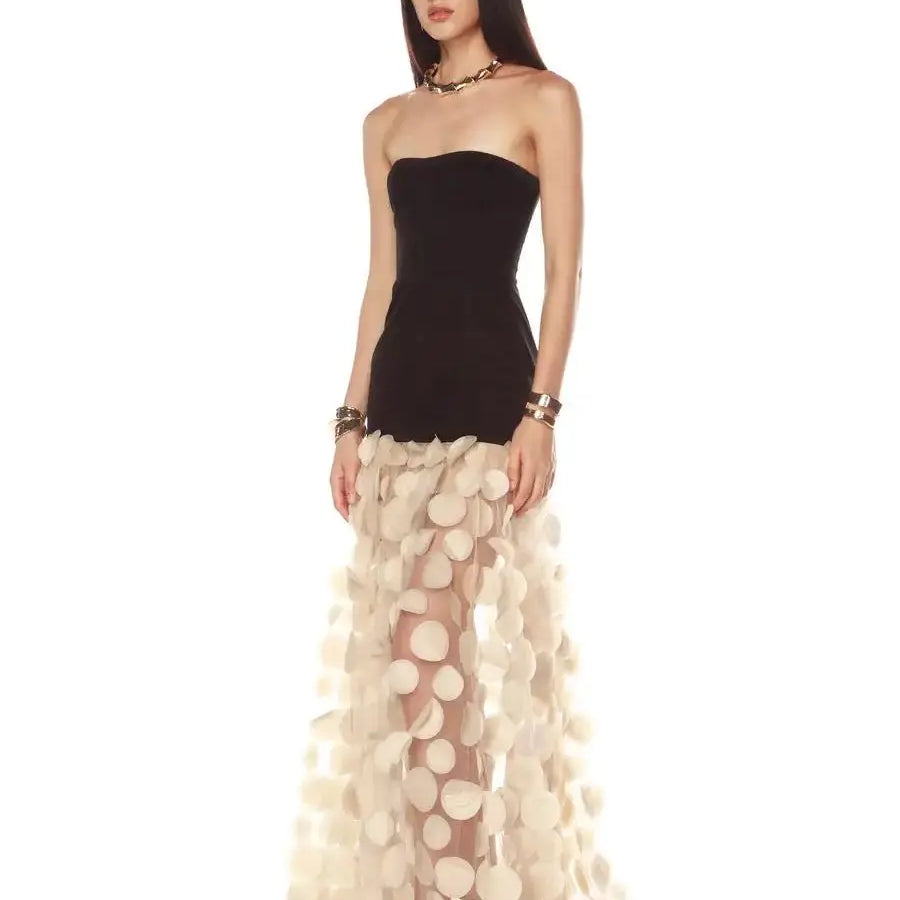 2025 Summer Black Strapless Apricot Hound Piece See-through Long Dress Hem Celebrity Birthday Party Dress Wedding Party Vestido black