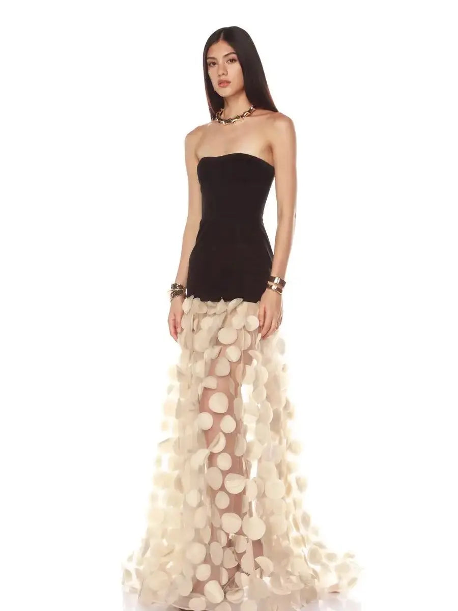 2025 Summer Black Strapless Apricot Hound Piece See-through Long Dress Hem Celebrity Birthday Party Dress Wedding Party Vestido black