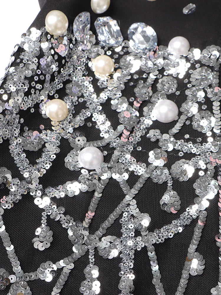 Patchwork Sequins Temperament Dress For Women Lapel Long Sleeve High Waist Spliced Pearls Mini Dresses Female New