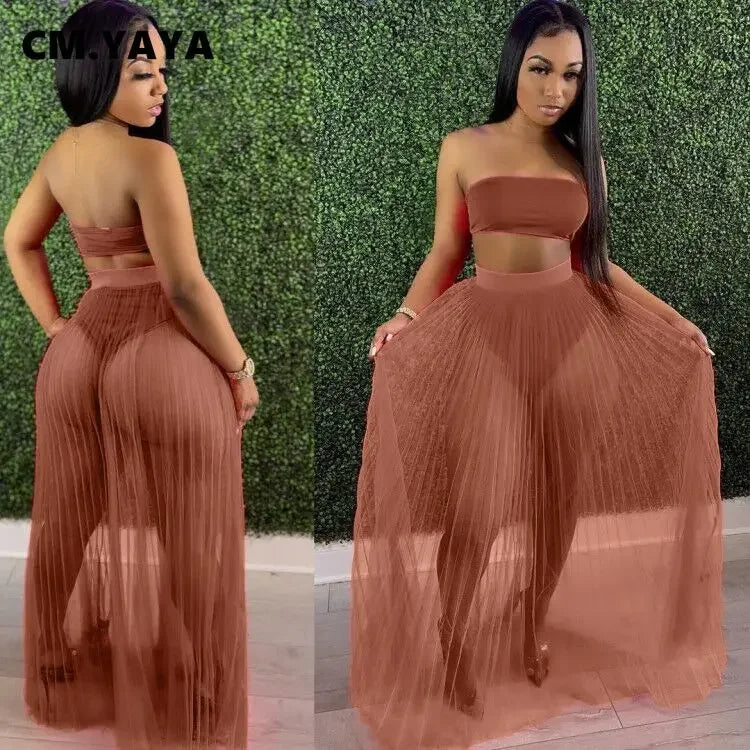 Women Mesh See Though Two Piece Set Sexy Beach Strapless Tops and Pleated Maxi Skirts Matching Set Summer Outfits