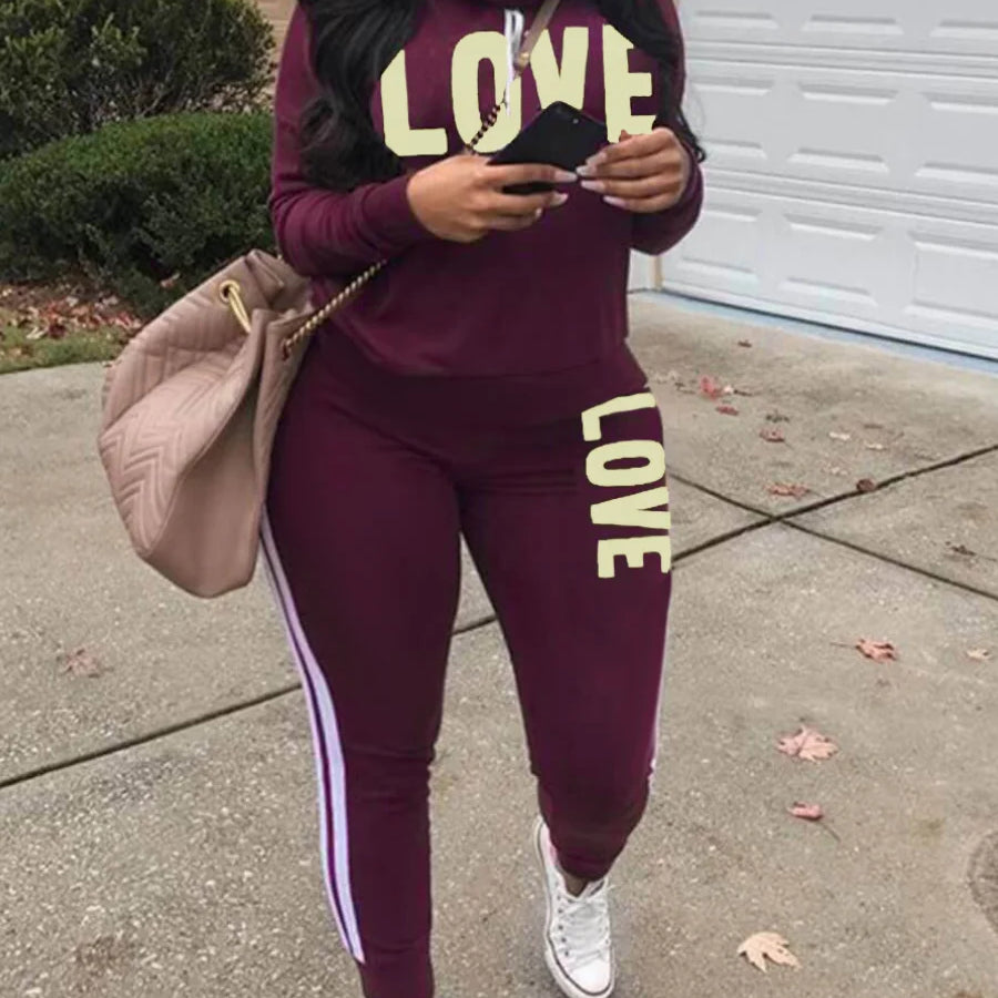 5XL LW Plus Size New Fashion Women Spring Long Sleeve Turtleneck Letter Print Striped Sweatsuits Two Piece Outfits Pants Set PURPLE