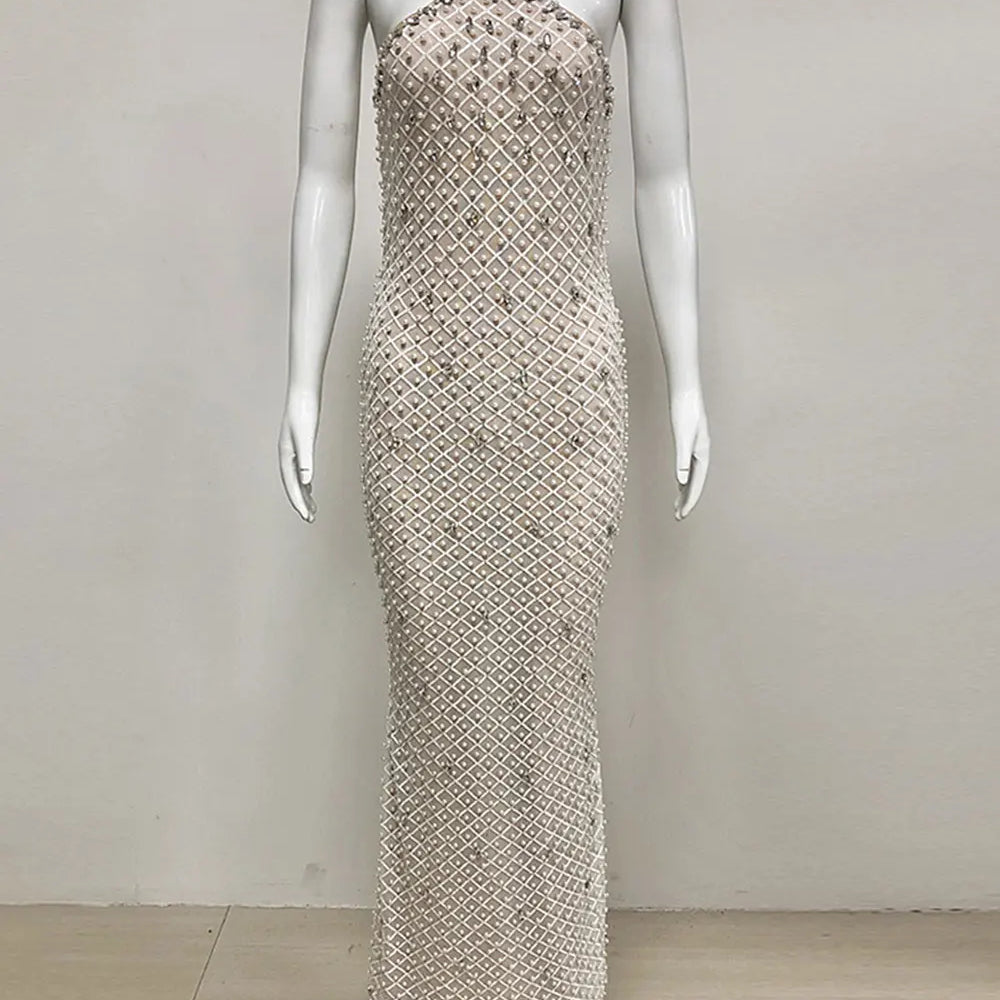 2025 Spring Sexy Women's Light Luxury Nail Bead Design Maxi Dress O-Neck Sleeveless Bodycon Tail Long Dress Club Party Vestidos Khaki