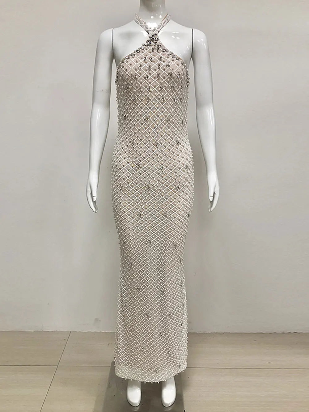 2025 Spring Sexy Women's Light Luxury Nail Bead Design Maxi Dress O-Neck Sleeveless Bodycon Tail Long Dress Club Party Vestidos Khaki