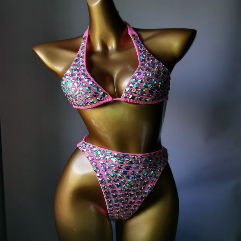 Push Up Gathered Sexy Women's Swimsuit Luxury Rhinestone Crystal Diamond Bikini High Waist Halter Straps Swimwear Pink