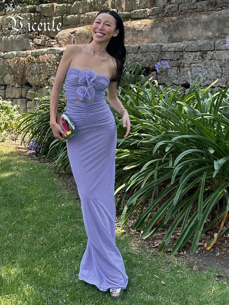 2024 Summer New Light Purple Strapless Flower Bloom Midi Dress Sexy Spicy Girl Style Hollow Out Ruched Dress for Women