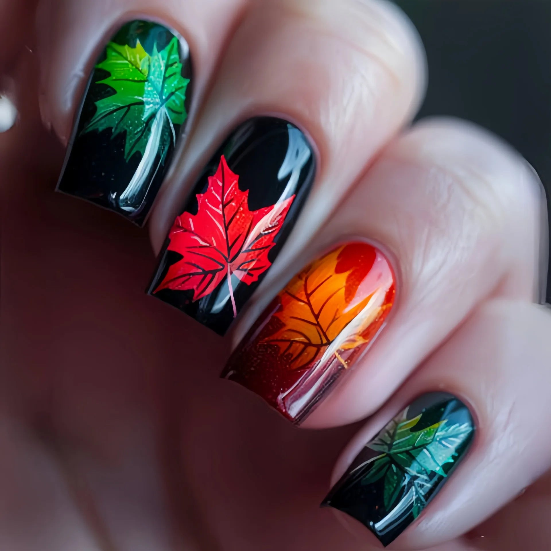 Short middle square ballet fake nails sparkling plant flowers maple leaves gradient Peacock feathers press on false nails set 1680