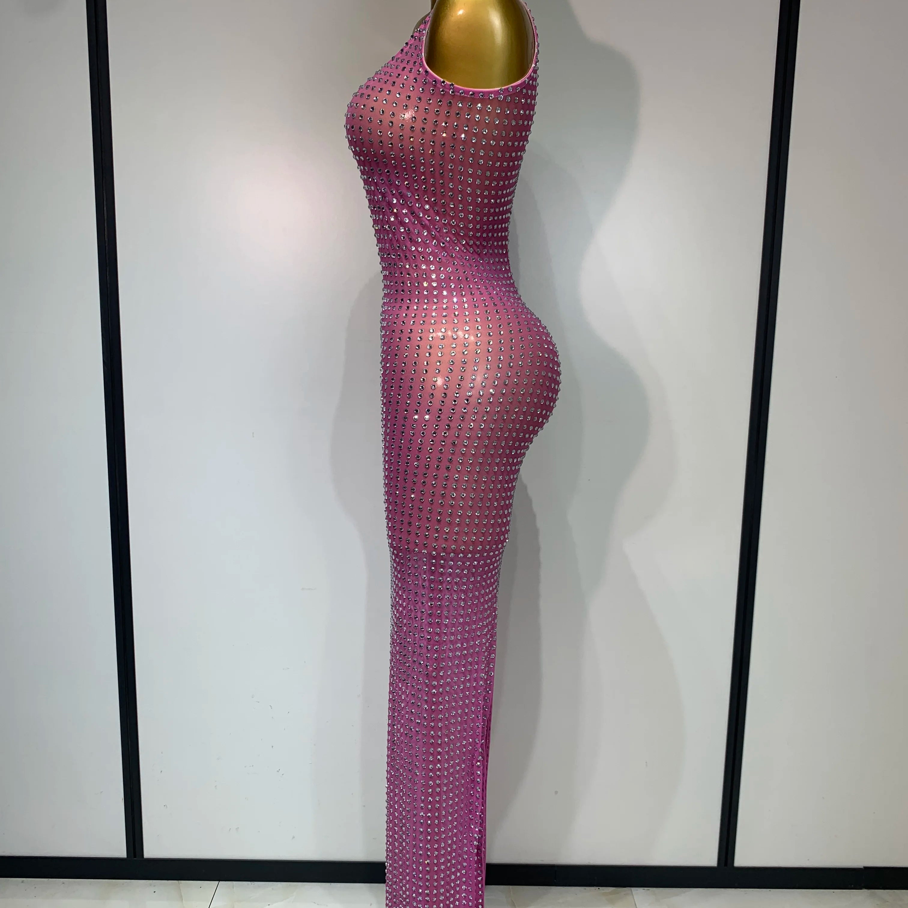 Women Sexy Mesh See Through Rhinestone Pink Long Maxi Dress Birthday Evening Party Costume Singer Stage Performance Costume