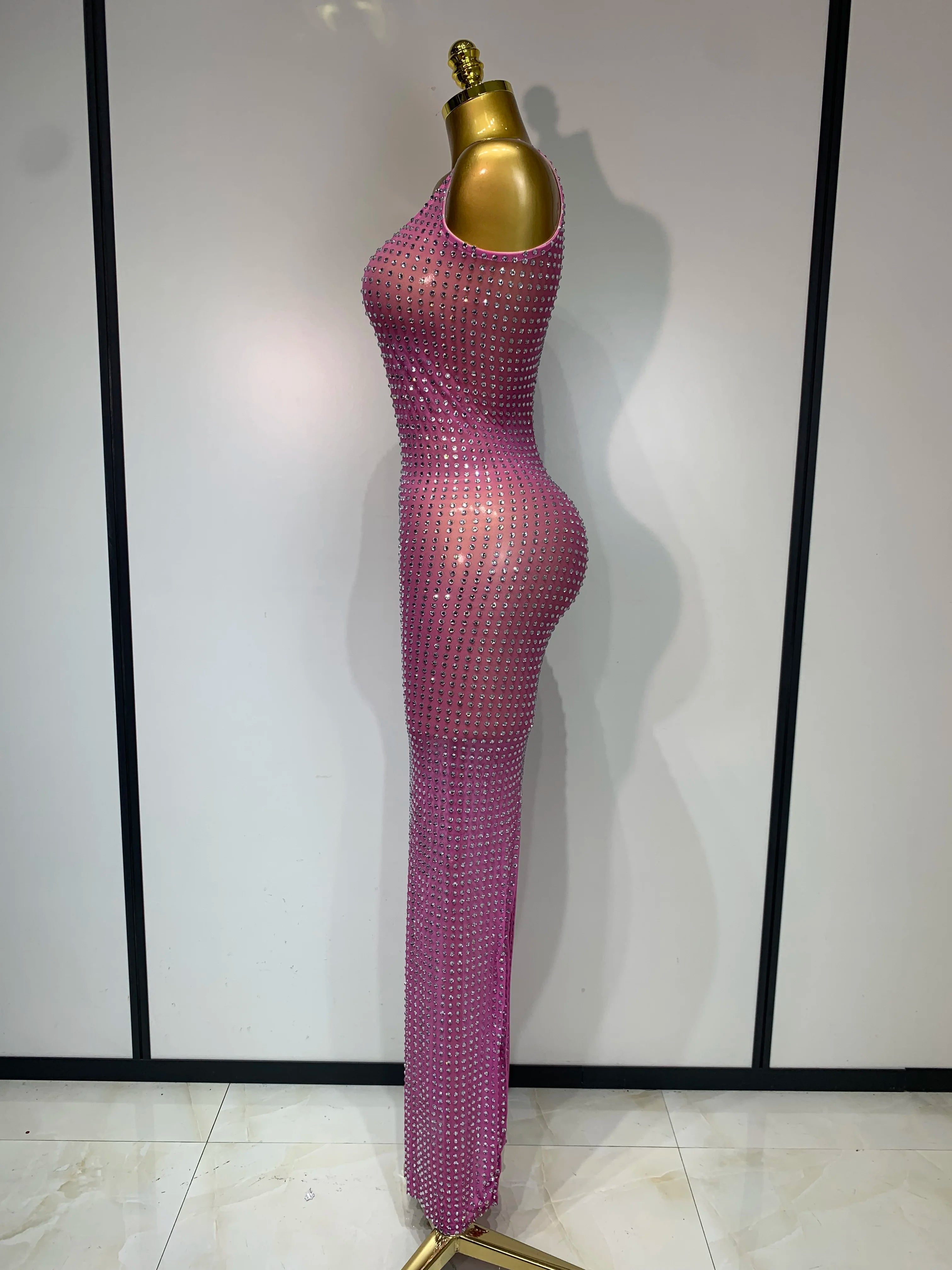 Women Sexy Mesh See Through Rhinestone Pink Long Maxi Dress Birthday Evening Party Costume Singer Stage Performance Costume