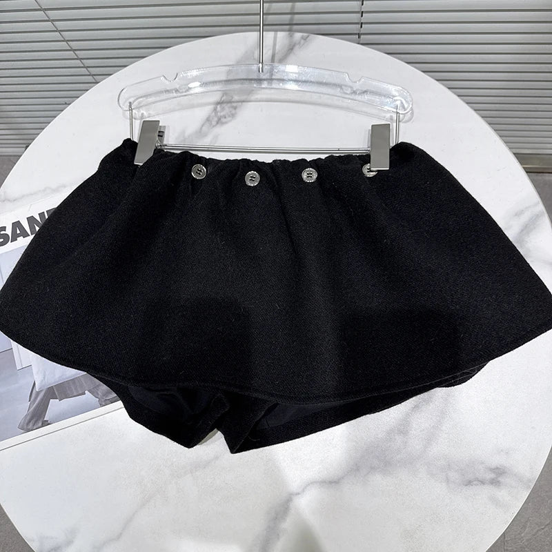 Winter New Niche Fashion Button Black Wool Puff Skirts For Women Elastic Waist Short Skirt Female Trendy 11A07575