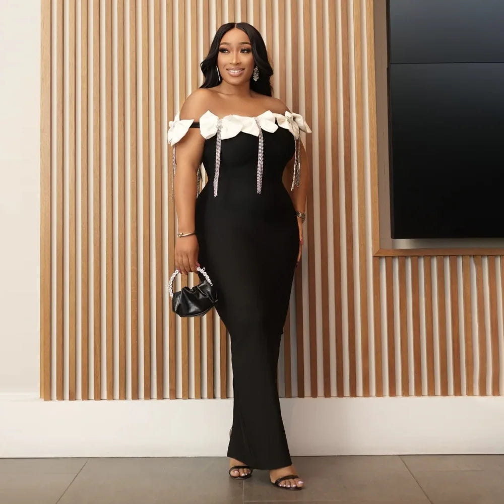 Women Bow Tassel Slash Neck Maxi Dress 2024 Fall Winter Sexy Birthday Evening Prom Party Street Long Dresses Vestidos Black