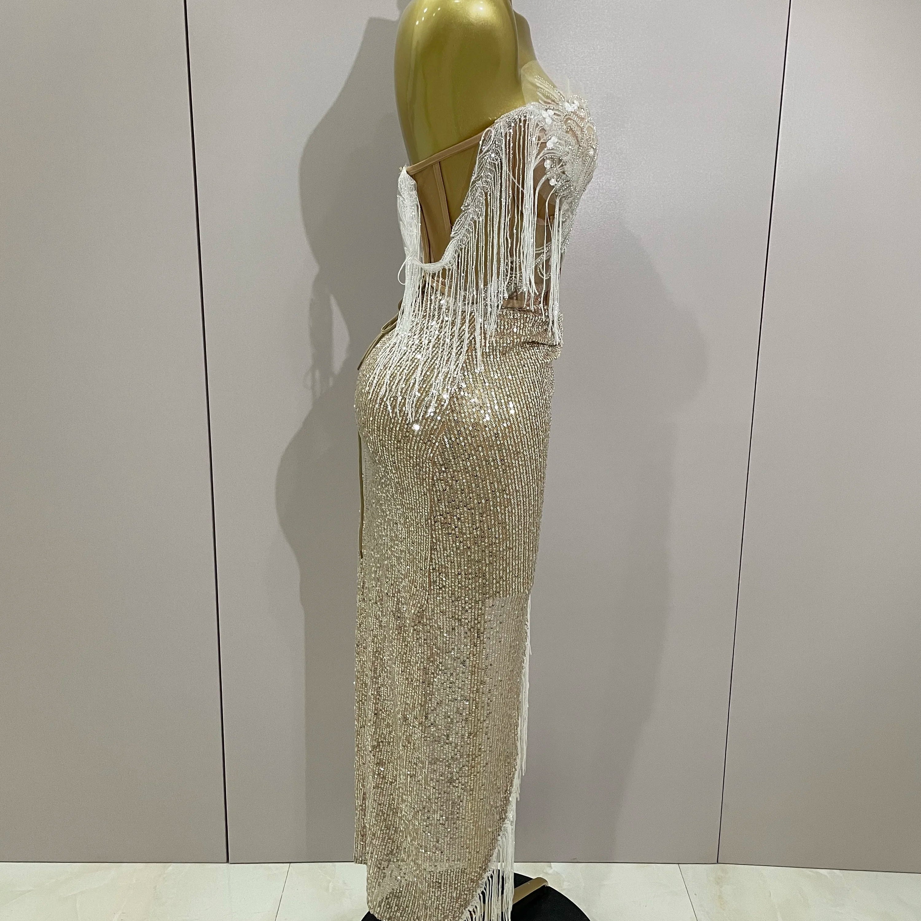 Sexy Luxury Sparkly Sequin Tassel Two Piece Set 2025 Women Evening Party Birthday Singer Performan Costume Nightclub Girl Outfit