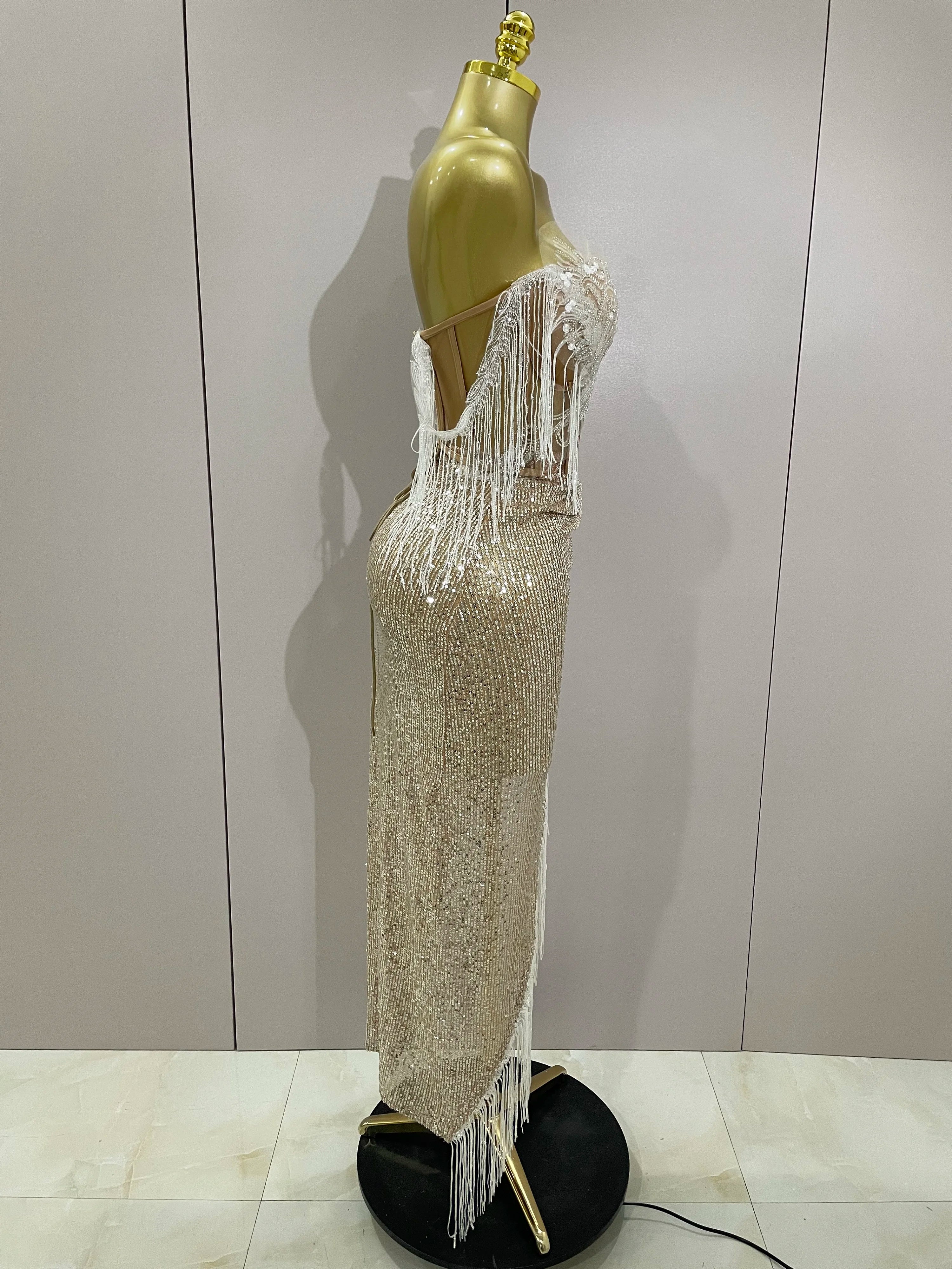 Sexy Luxury Sparkly Sequin Tassel Two Piece Set 2025 Women Evening Party Birthday Singer Performan Costume Nightclub Girl Outfit