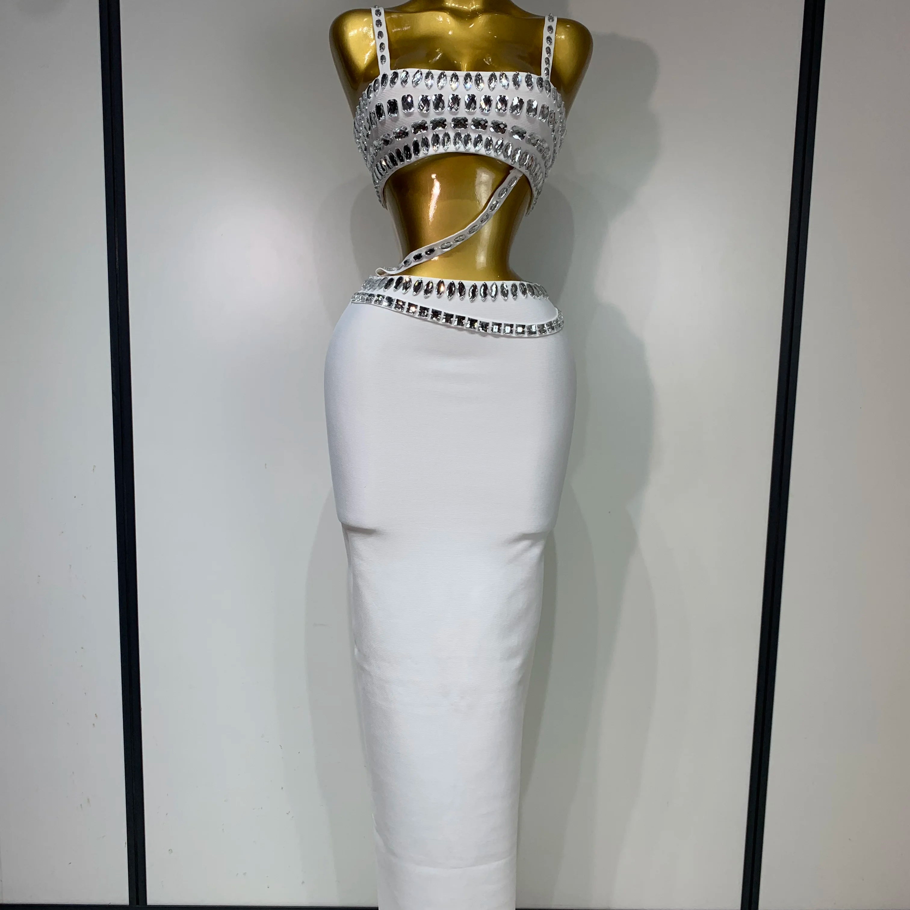 Sparkly Crystal Bodycon Long Dress 2025 Women Sexy Crop Top 2 Pieces Set Nightclub Elegant Party Performance Stage Costume bandage dress