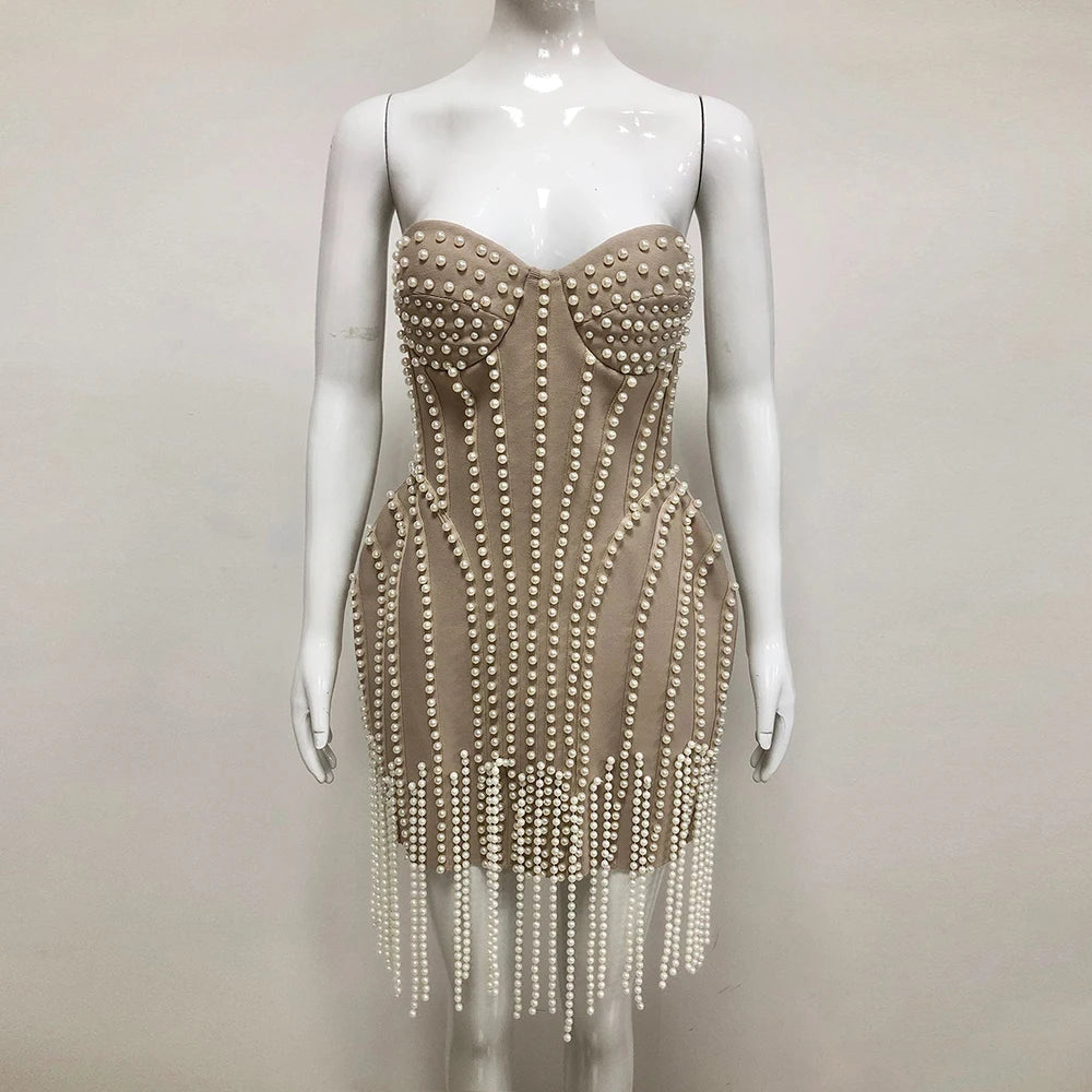Ladies Luxury Bead Tassels Strapless Backless Design Celebrity Party Club Khaki Sleeveless Sexy Mini Bandage Dress 2025 New Khaki
