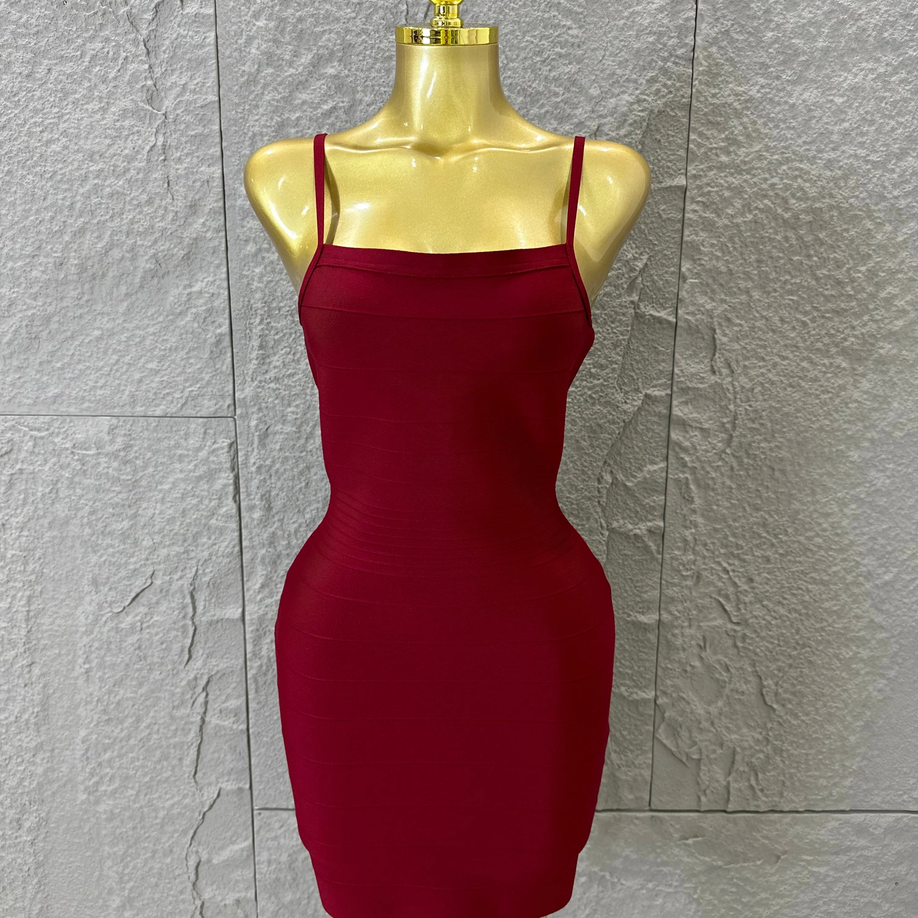 Chic Burgundy Bandage Mini Dress Women Spaghetti Strap Square Neck Bodycon Formal Event Casual Wear Costume